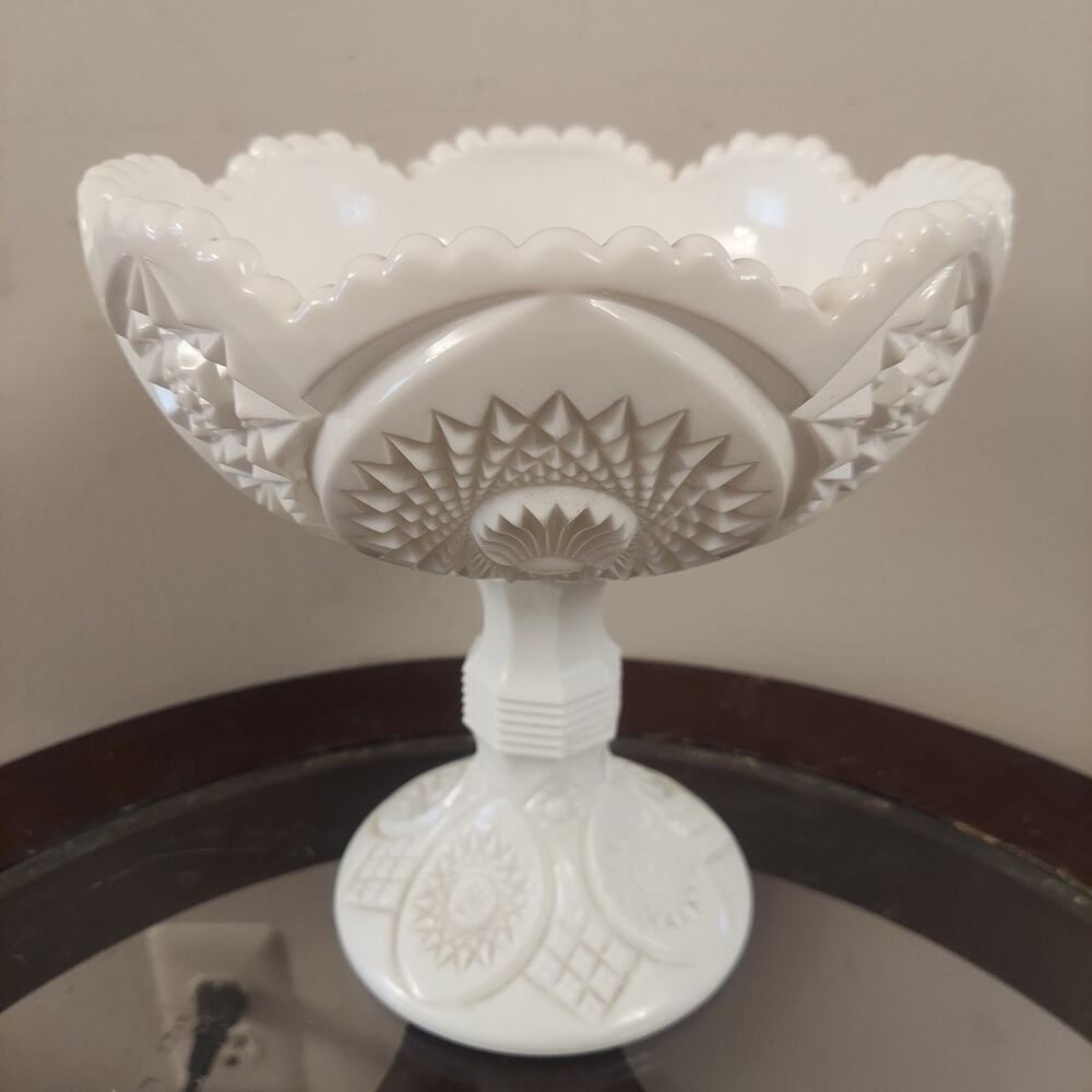 Large Homestead Shell White Milk Glass Tiffin-Franciscan Footed Hobstar Compote